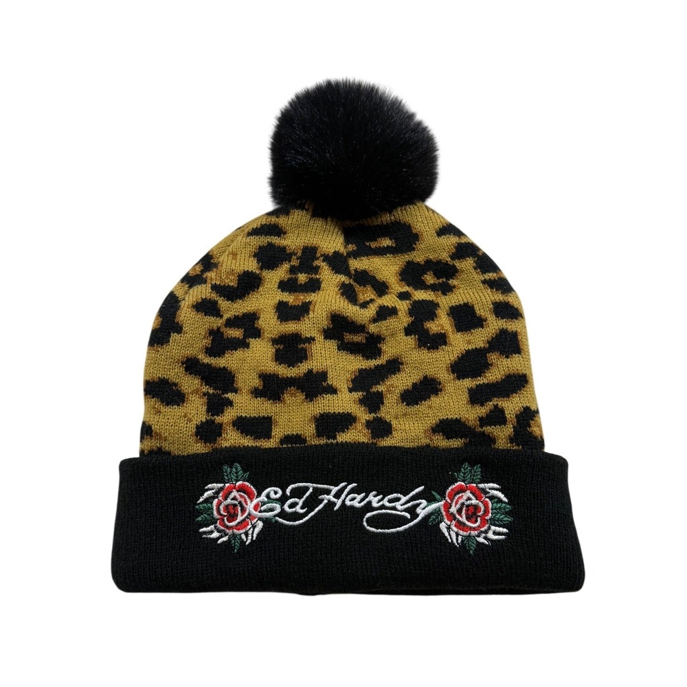 Ed Hardy Beanie Gold Black Leopard Print Rose Tattoo Y2K Grunge Cyber Streetwear